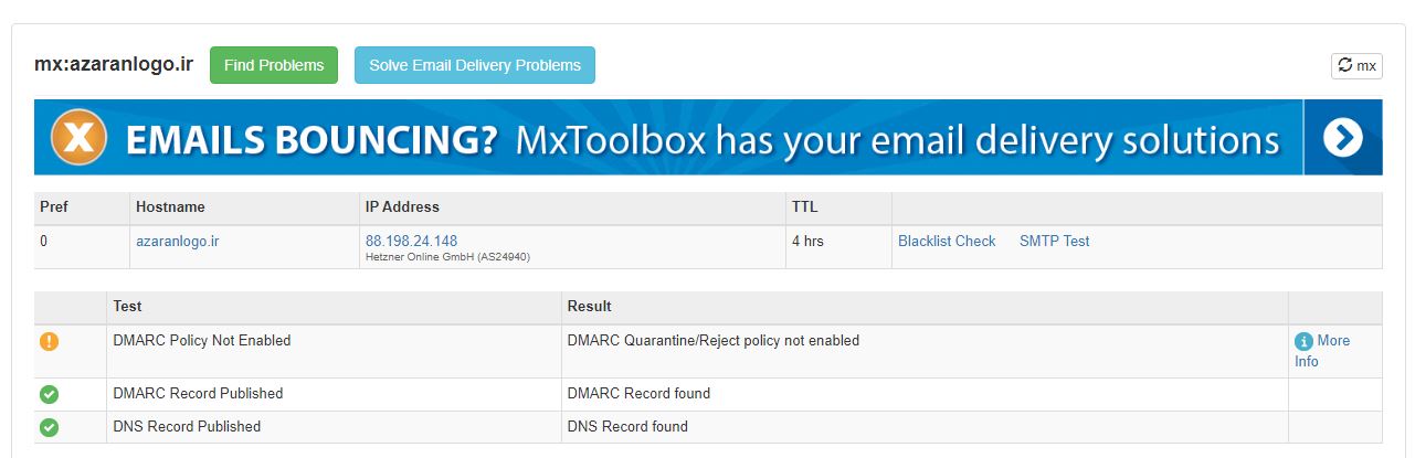 مشاهده ست شدن رکورد dmarc در mxtoolbox